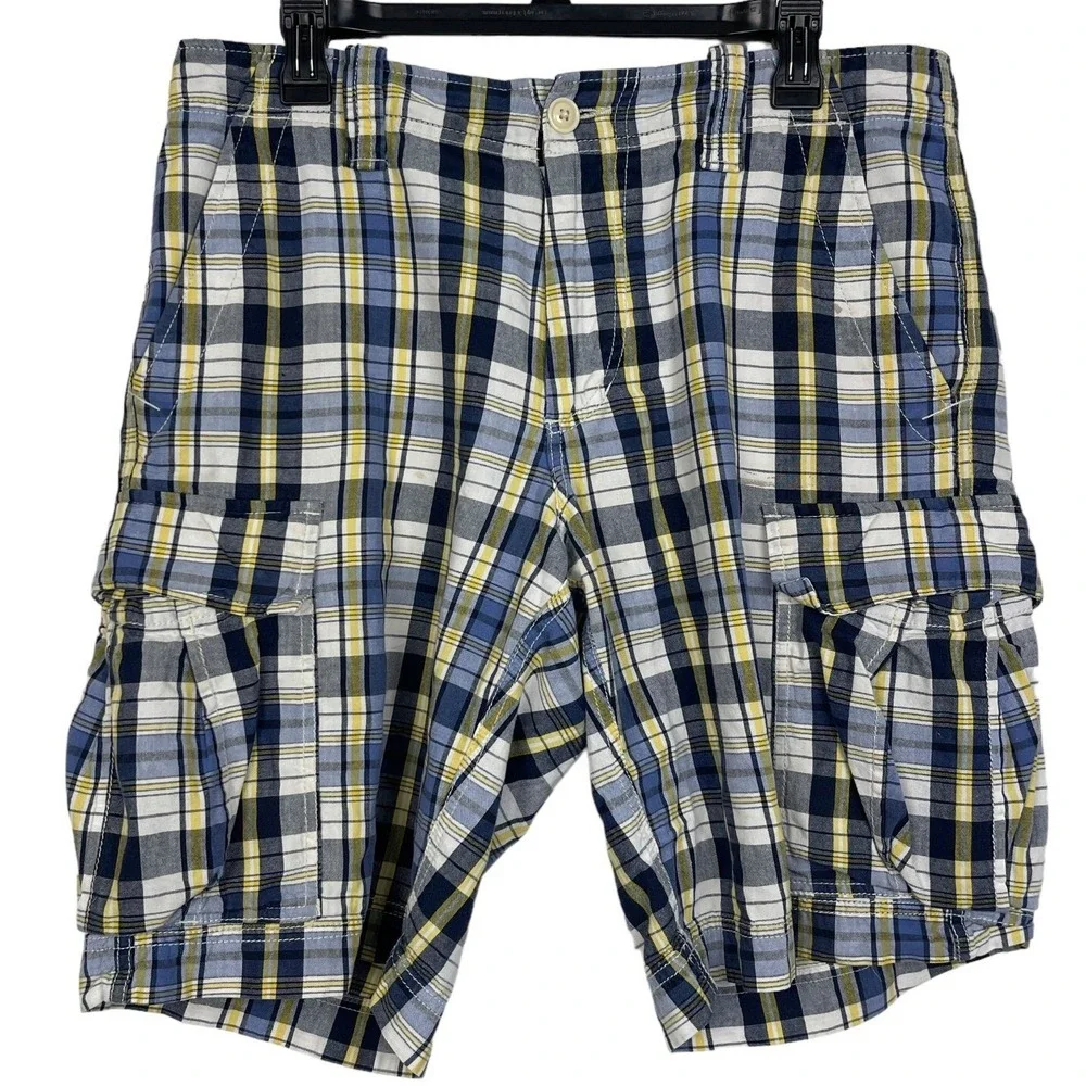 Vintage Polo Jeans Company CARDGO MADRAS Mens 32‎ Cotton Shorts Blue Plaid *Read